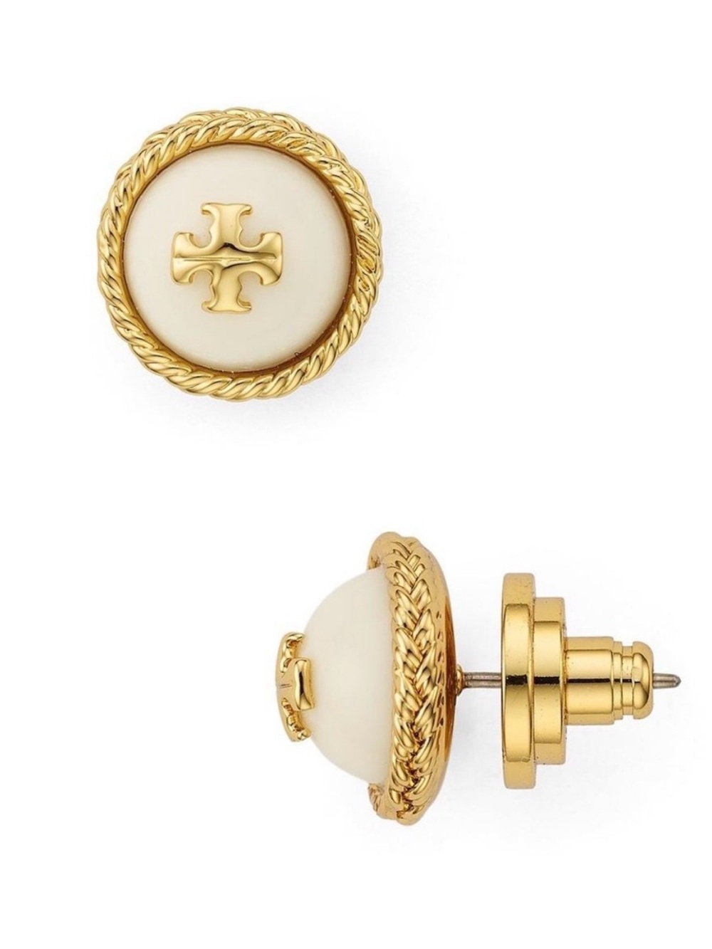 Tory Burch Rope Gold and White Round Logo stud Earrings